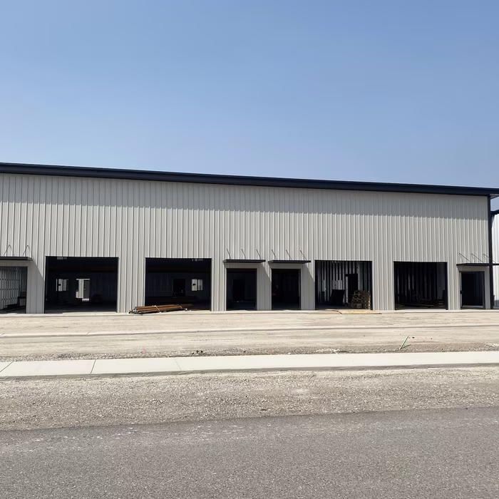 Exterior view of the completed metal building shell